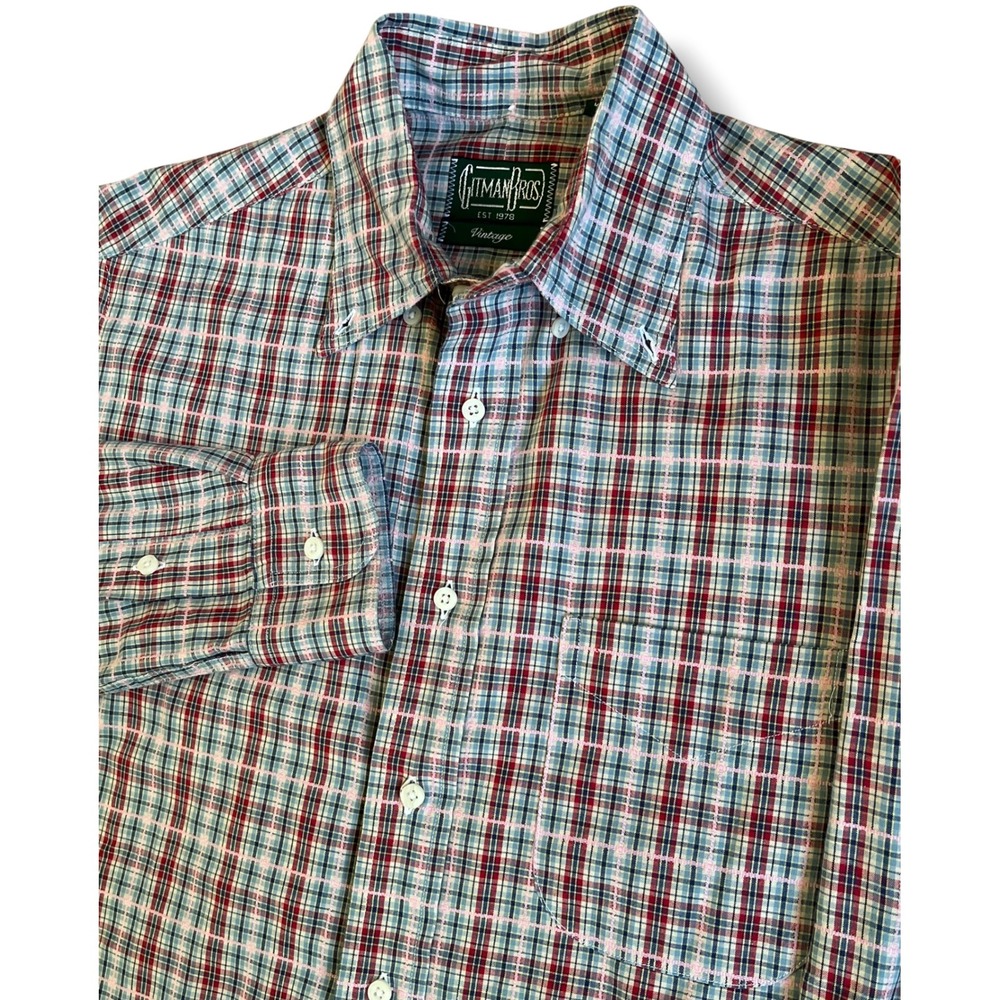 Gitman Bros Vintage Mens Plaid Button Down Shirt Made in USA Red Blue Pink Med
